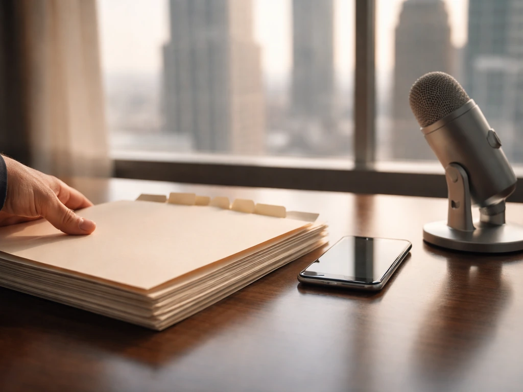 Hand placing unmarked documents on a desk with a smartphone and city view, suggesting career earnings and equity.