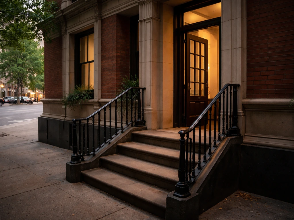 Tribeca Manhattan condo entry with warm light and street-level details outside a classic townhouse facade