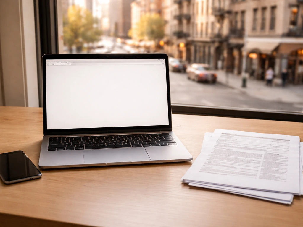 Desk with laptop and records paper, symbolizing how to verify NYC property and financial figures.