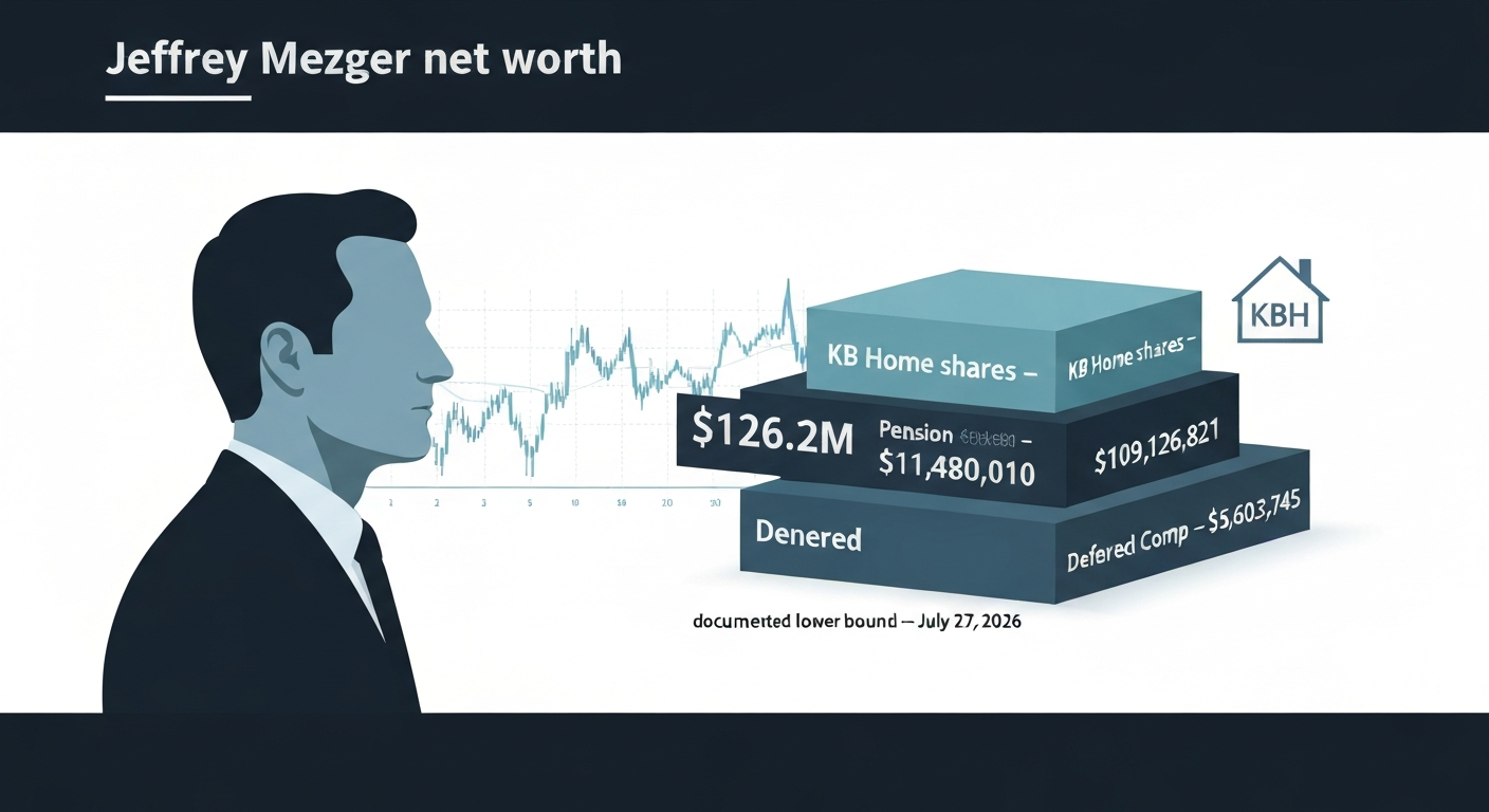 Editorial infographic showing a silhouette executive beside stacked blocks labeled KB Home shares, Pension, Deferred Comp and a prominent $126.2M figure with a faint stock-price line chart in the background.