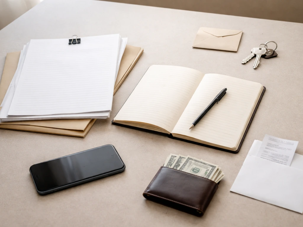 Close-up of a simple office verification setup with documents, wallet, and a notebook beside a smartphone