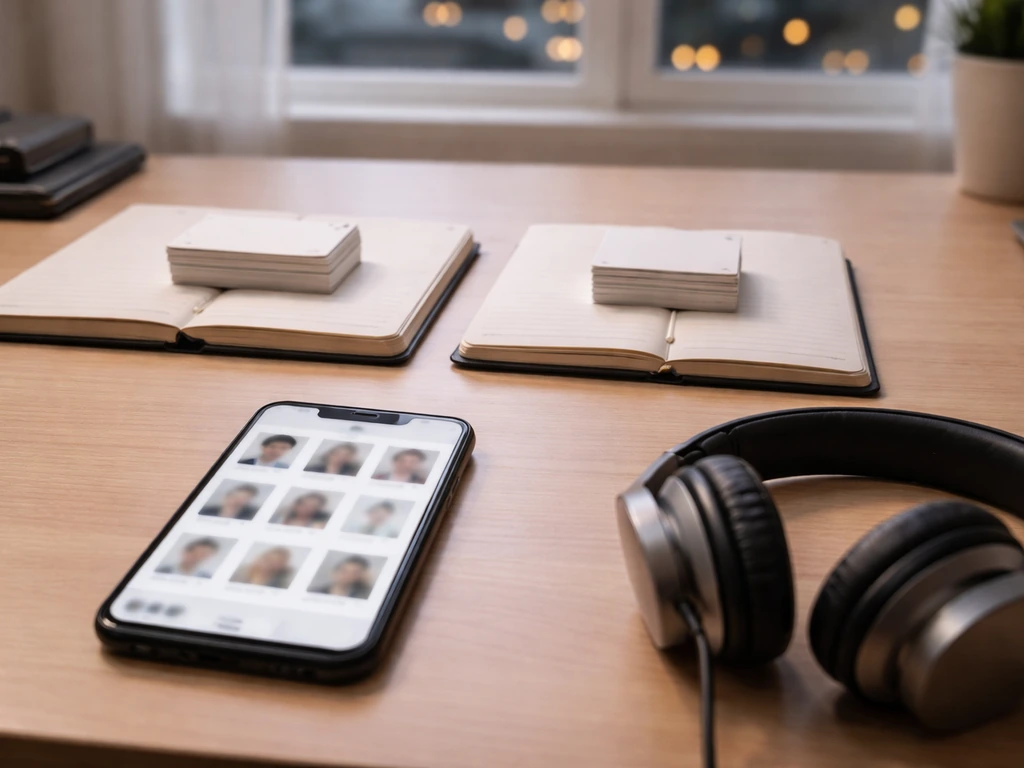 Desk with two notebooks, business cards, and a phone showing blurred profiles for identifying the right person