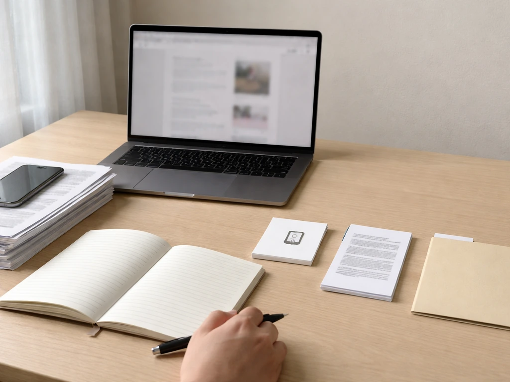 Minimal photo of an open notebook beside a laptop showing bookmarks and documents for verifying sources