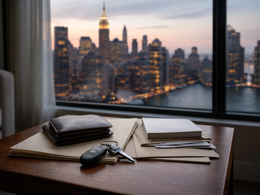 Minimal photo of a Manhattan apartment window view beside a car key and neatly arranged financial papers