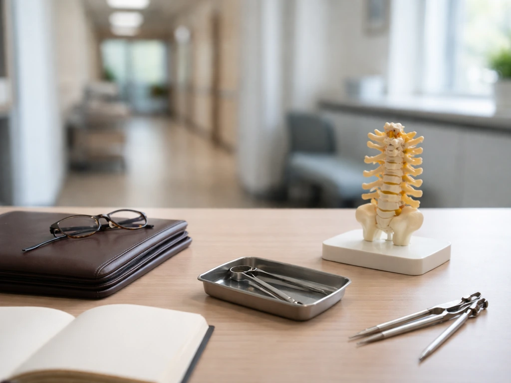 Minimal clinic office scene with a spine model on a desk, suggesting orthopedic work and public interest in finances.