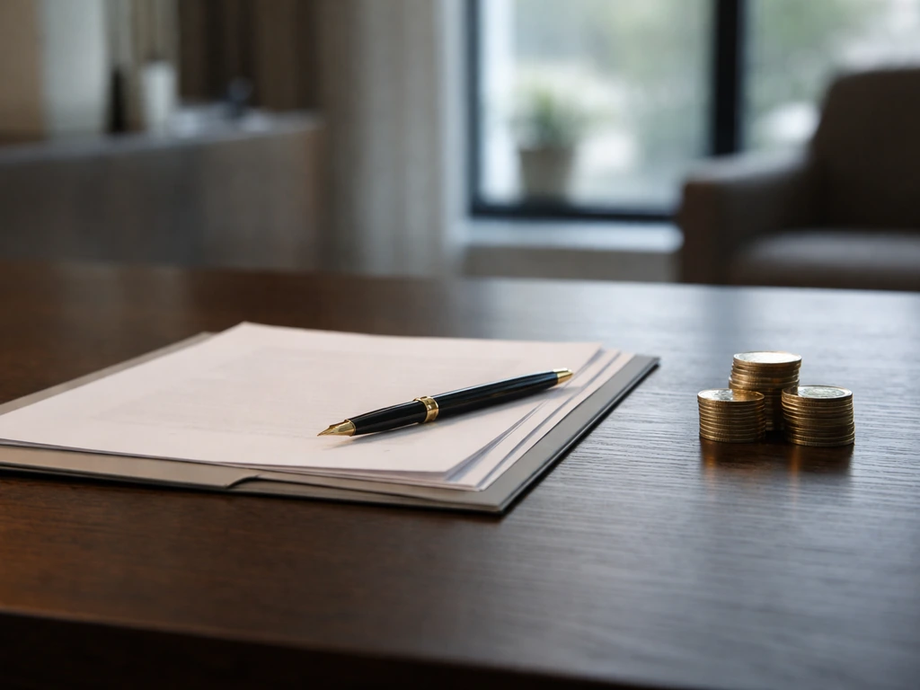 A dark office desk with scattered patent documents and a single fountain pen beside a small coin stack