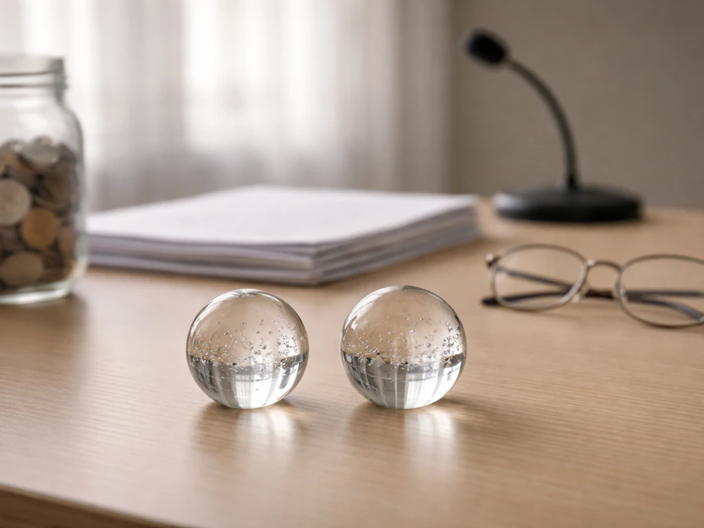Minimal office desk scene with documents, microphone, coins, and glasses suggesting verified vs estimated figures.