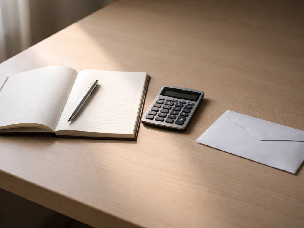 Open notebook with a calculator and envelope, split lighting suggesting gross vs take-home confusion.