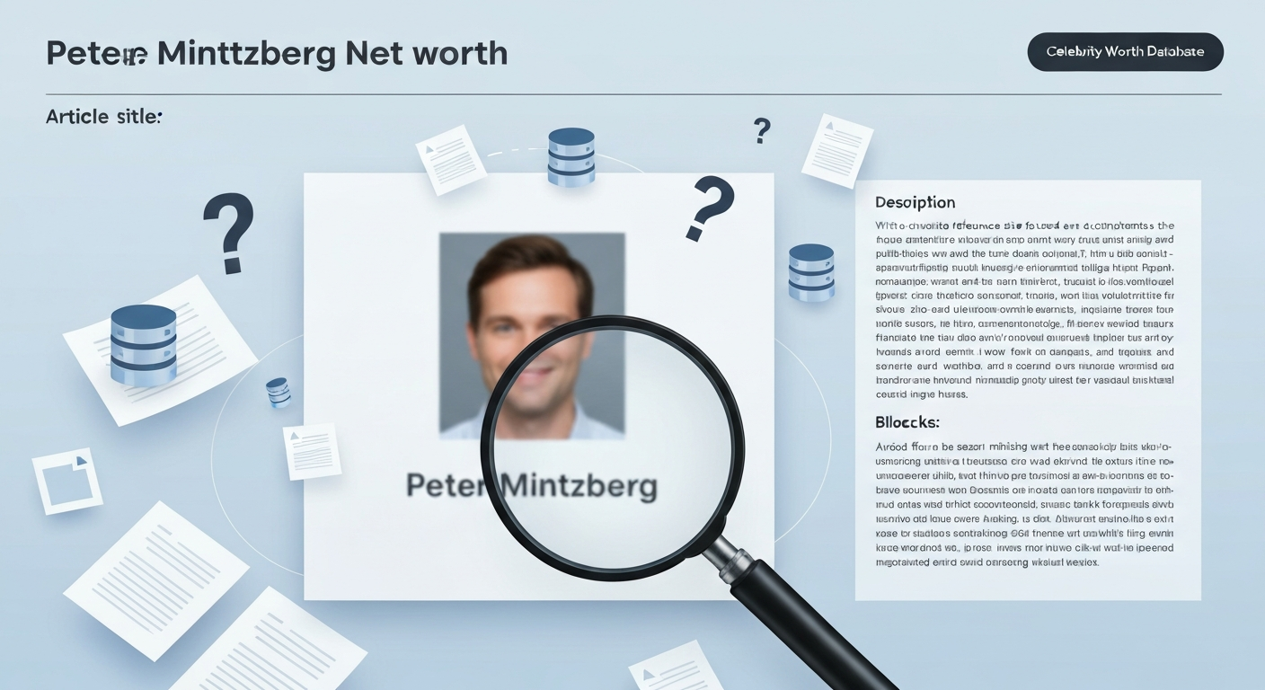Magnifying glass over a blurred profile card labeled 'Peter Mintzberg' with documents and question marks, illustrating uncertain/insufficient public records.