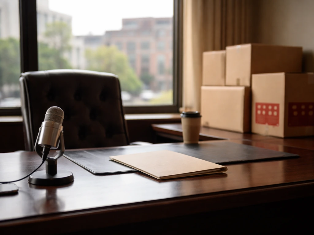 Minimal executive office scene with desk microphone and business logistics cues, no people or text.