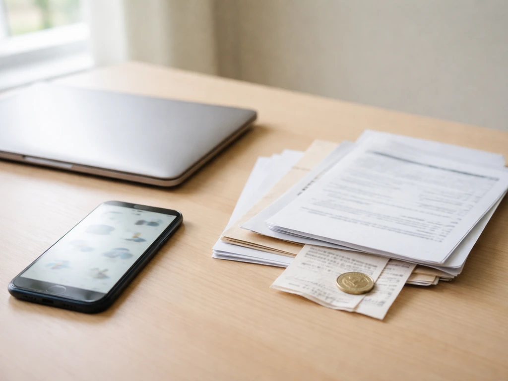 Minimal office desk with scattered documents and a smartphone showing blurry finance icons, symbolizing differing net-wo