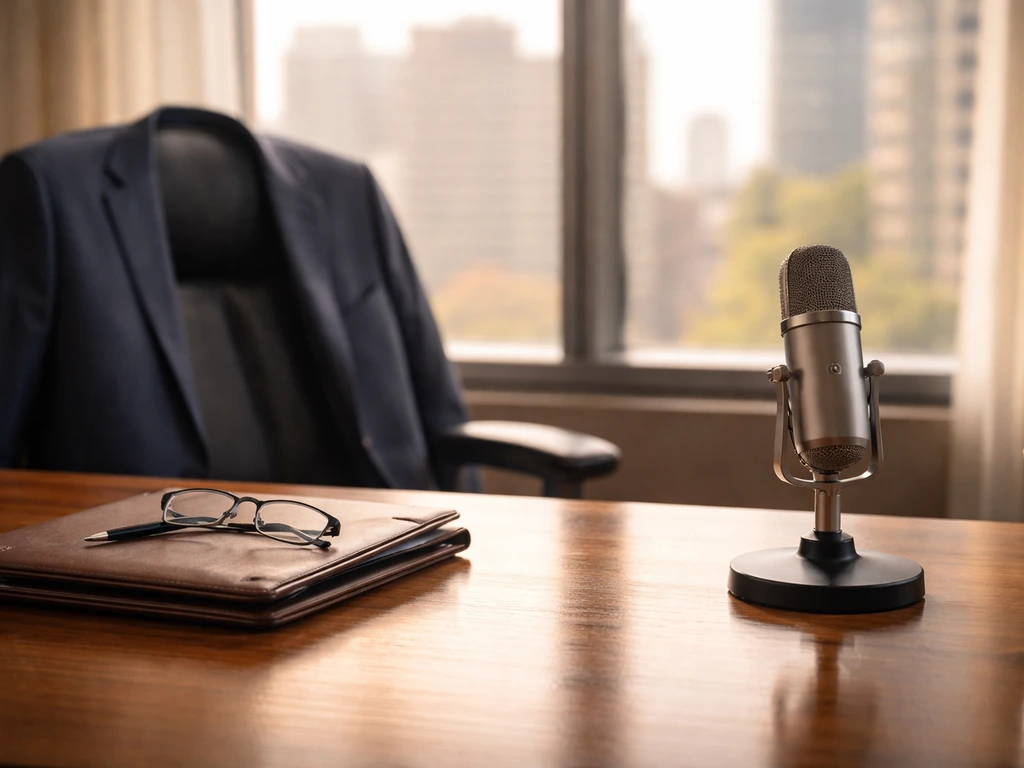 Executive desk with microphone and suit jacket in a bright office, suggesting leadership compensation and revenue.