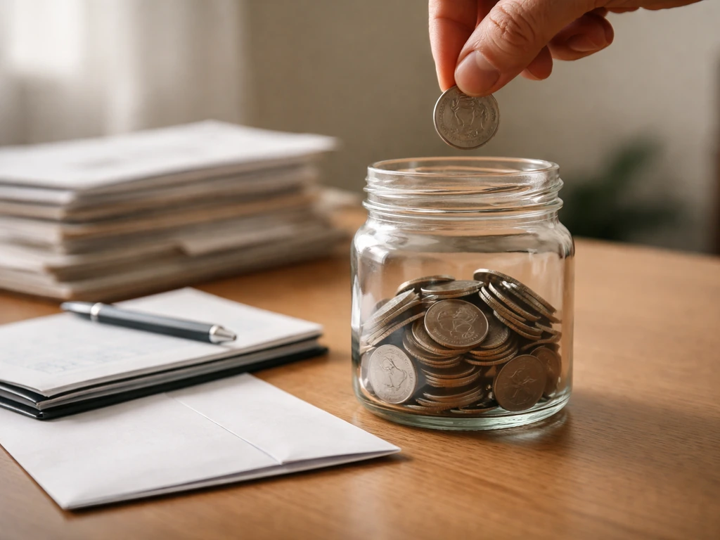 Clear coin jar on a desk with blank envelope and checkbook to suggest liabilities and a charitable payout.