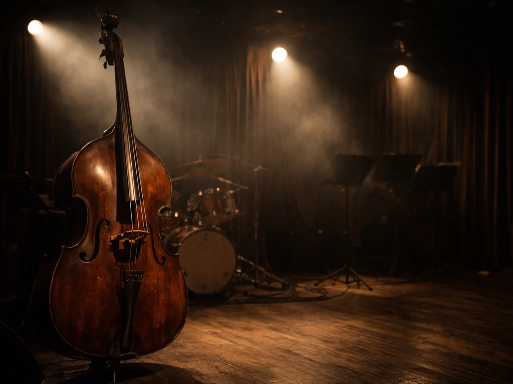 Dim jazz club scene with an upright double bass in soft spotlight, symbolizing musical legacy and wealth.