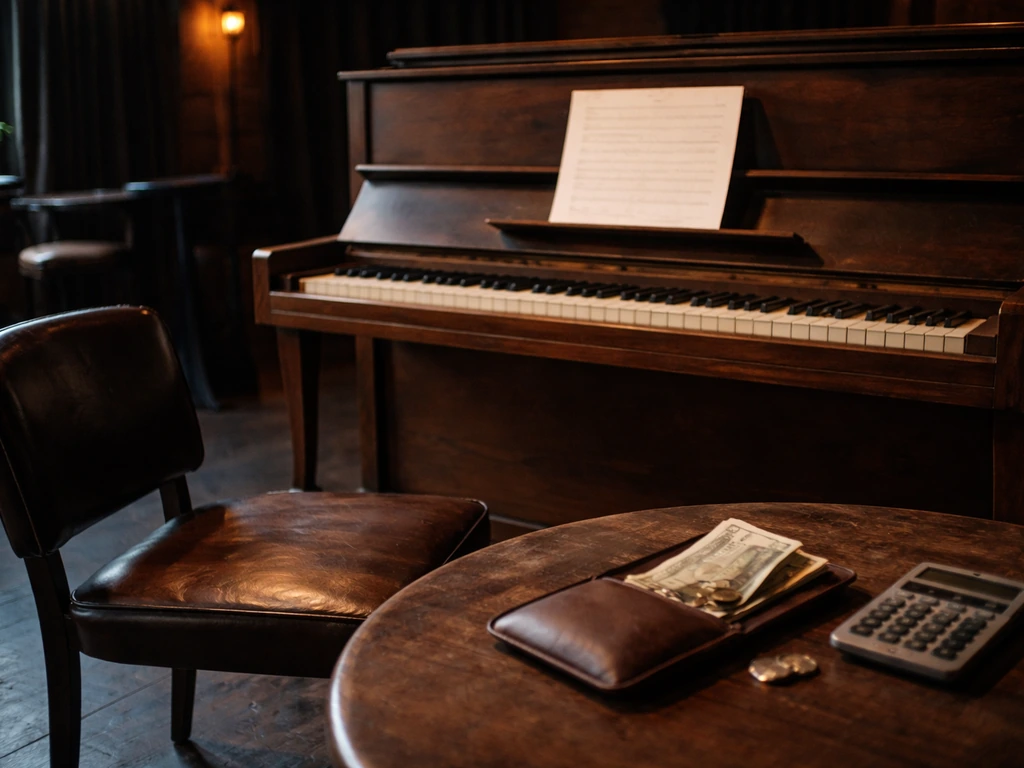 Empty piano and studio props with wallet and coins, symbolizing assets and liabilities.