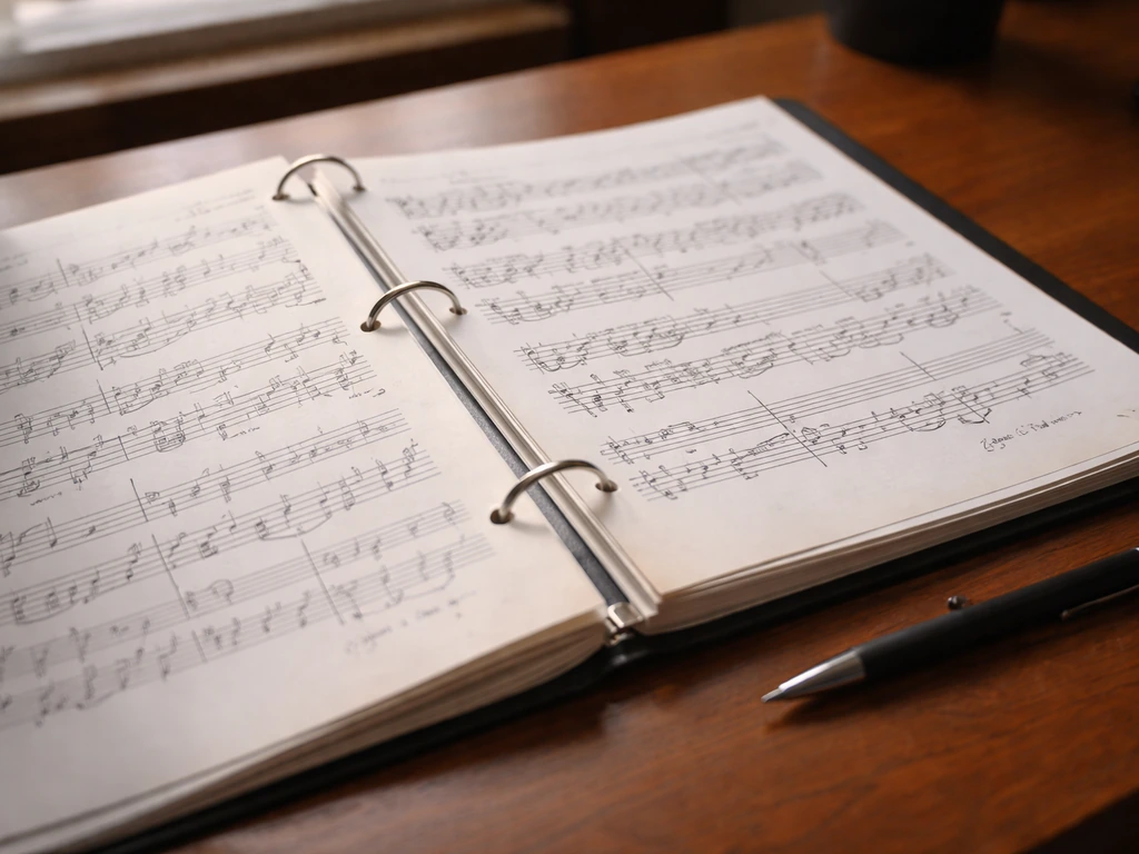 Close-up of open sheet music with handwritten notes on a wooden desk under natural light.
