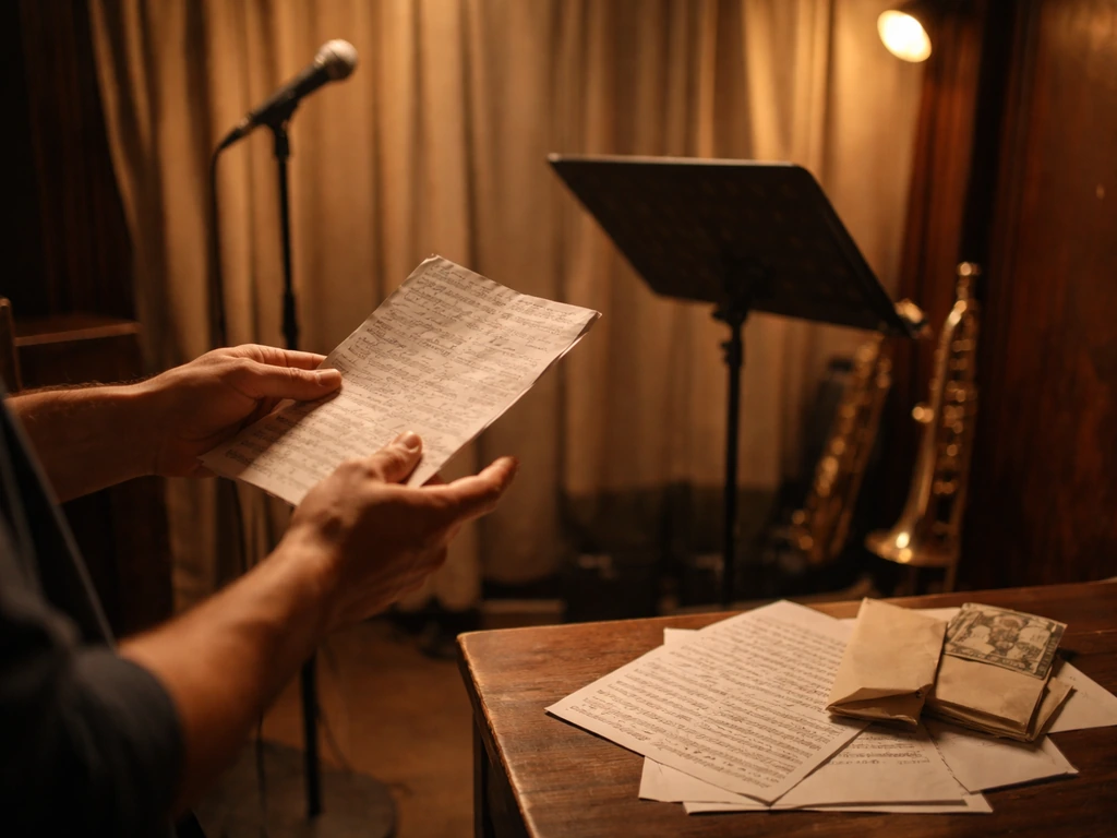 Anonymous hands conducting with setlist papers on a table beside instruments in a quiet jazz club.