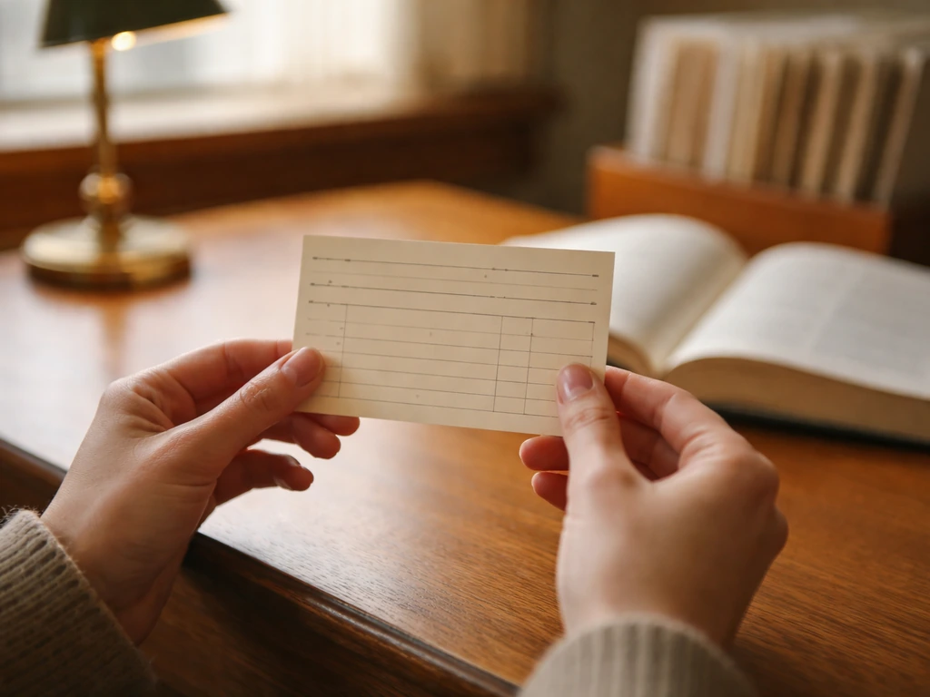 Hands holding a library finding aid card near an open research book in a quiet reading room