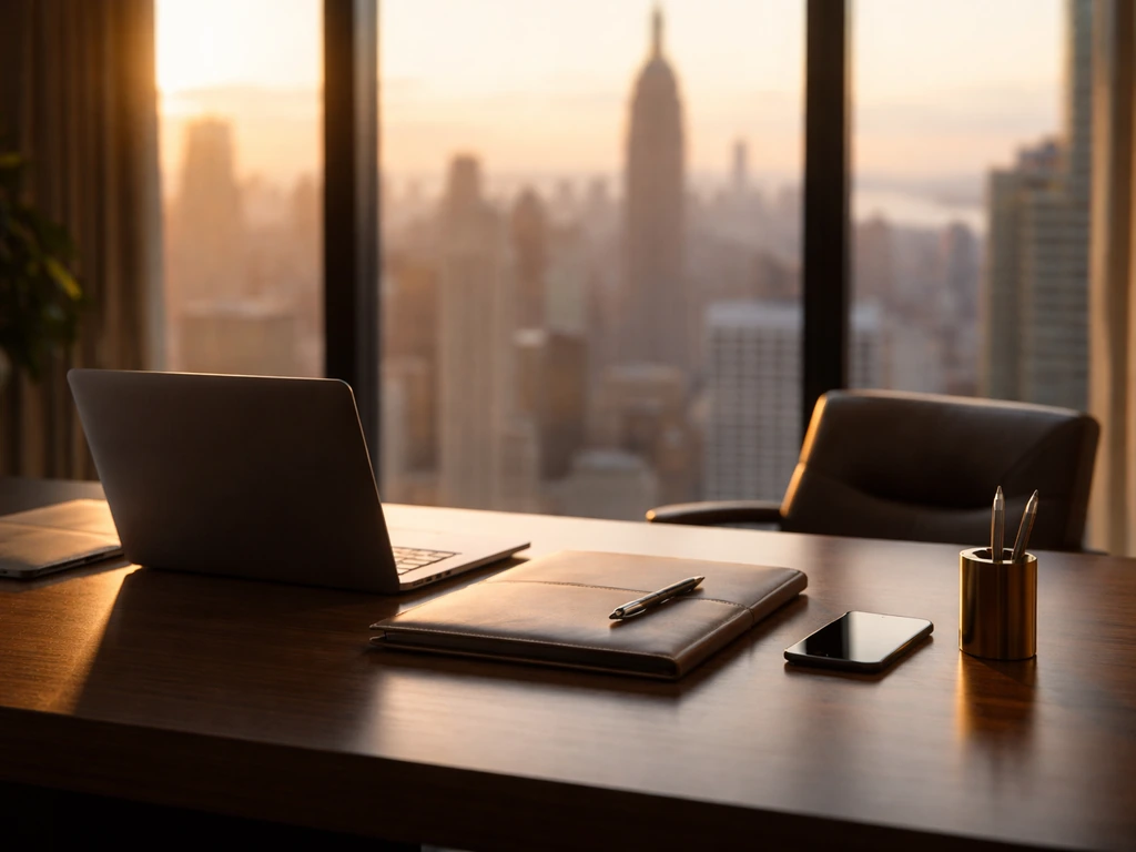Minimal New York office desk scene symbolizing finance and executive business identity, no people.