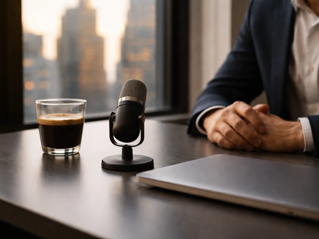 Anonymous hands at a New York office desk with a microphone and laptop, city lights blurred outside.