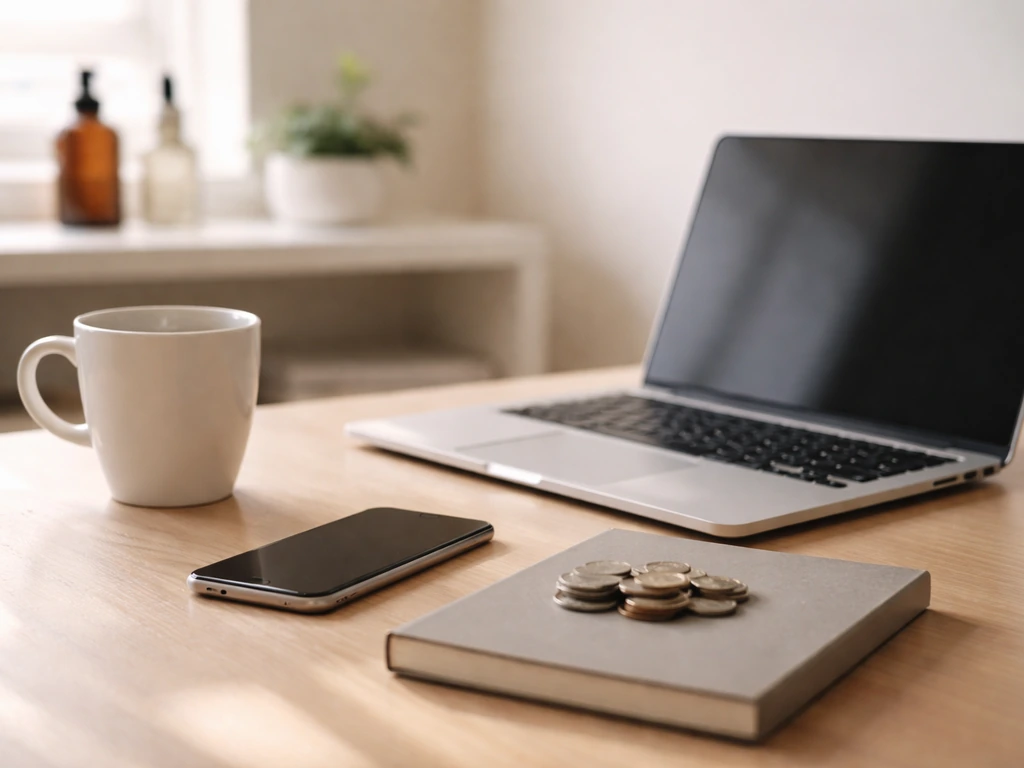 Minimal photo of a tidy office desk with a coffee cup, laptop, and scattered coins symbolizing business income sources.
