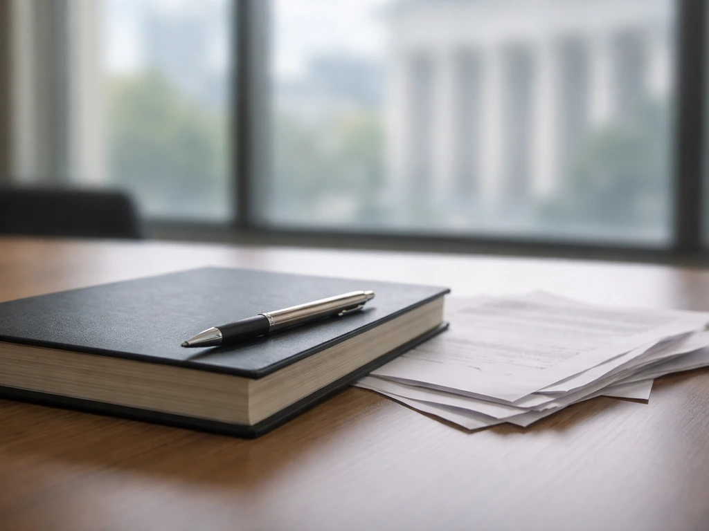 Minimal photo of a desk with scattered paperwork and a closed ledger-like notebook, symbolizing legal liabilities.