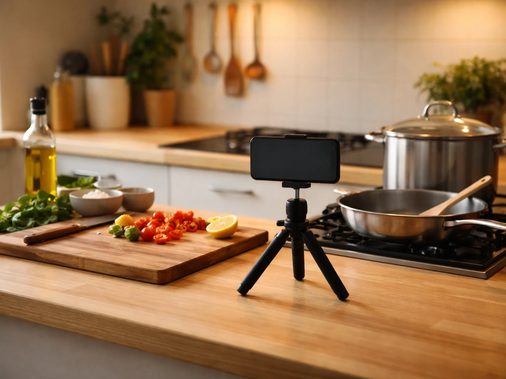 Minimal kitchen studio scene with cookware, a phone on a tripod, and warm light suggesting an online cooking brand