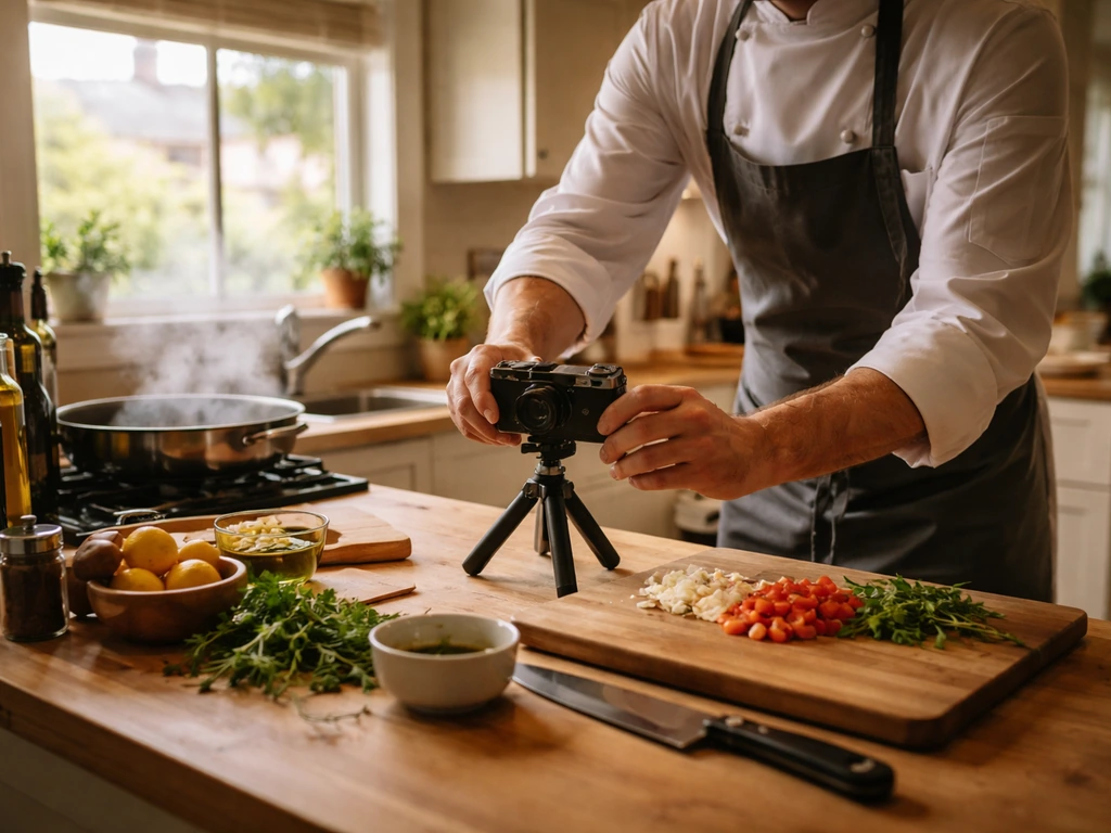 Anonymous chef filming in a quiet kitchen, camera on a tripod, cooking on the stove with steam