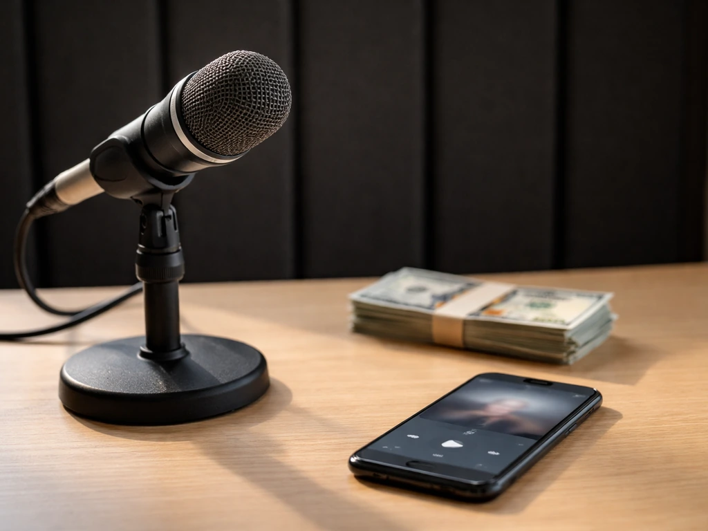 Minimal photo of a podcast studio desk with a microphone and small stack of cash, symbolizing income signals