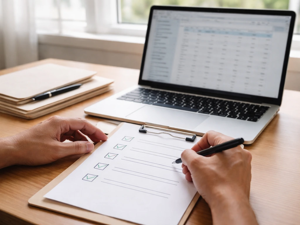 Anonymous hands reviewing documents and blurred analytics on a laptop at a simple desk.