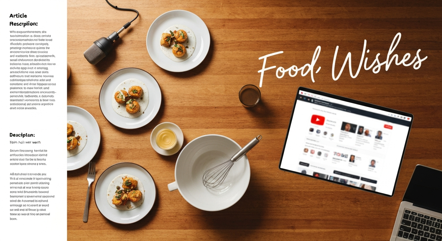 Editorial illustration representing the Food Wishes channel: overhead kitchen workspace with plated dishes, a laptop showing a blurred YouTube channel page, microphone, and stylized "Food Wishes" text.