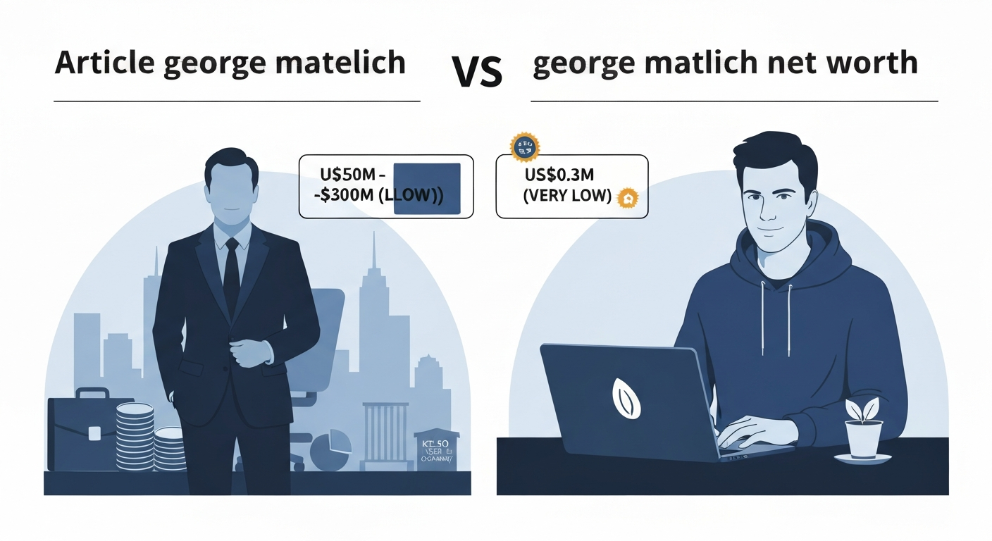 Editorial split illustration comparing two people named George Matelich — a senior private-equity partner and a young PropTech founder — with their estimated net worth ranges and reliability badges.