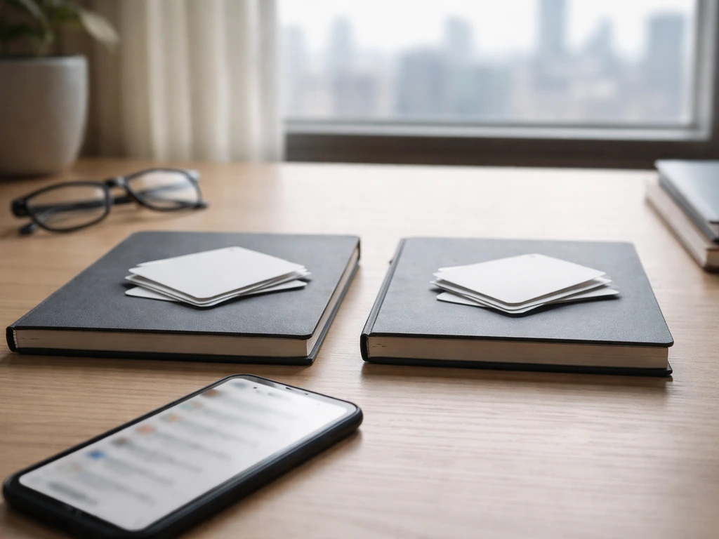 Home office desk with two similar notebooks and a blurred phone search screen symbolizing name confusion.