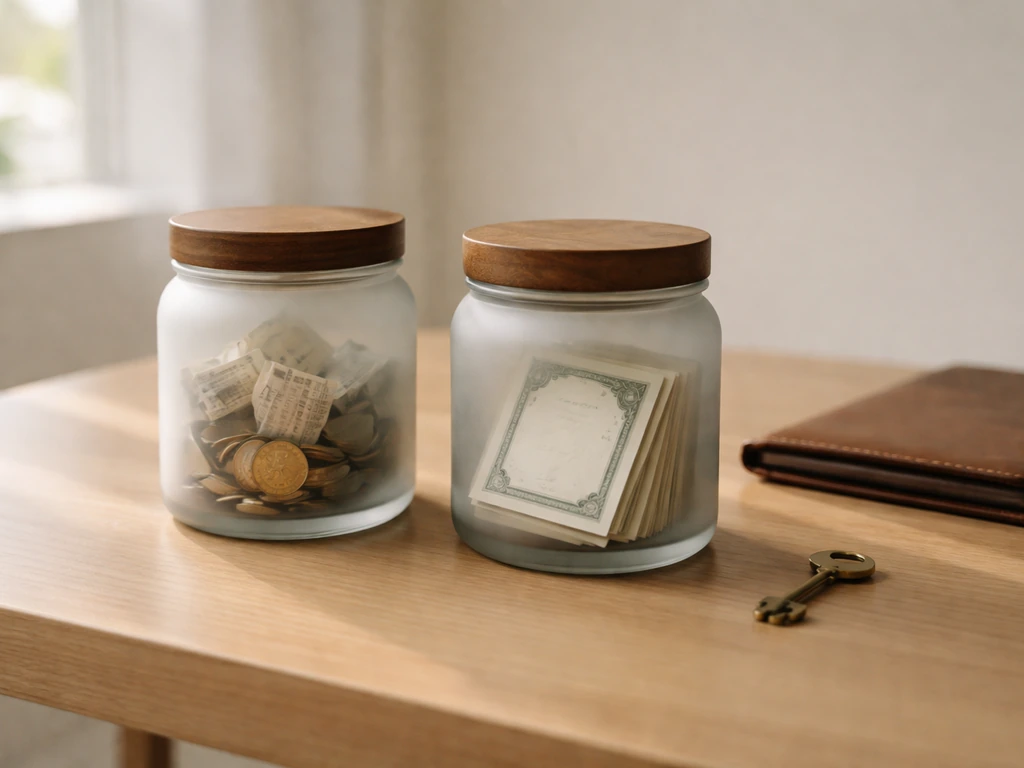 Still-life desk scene showing symbols of executive compensation and equity with coins, cards, and portfolio.