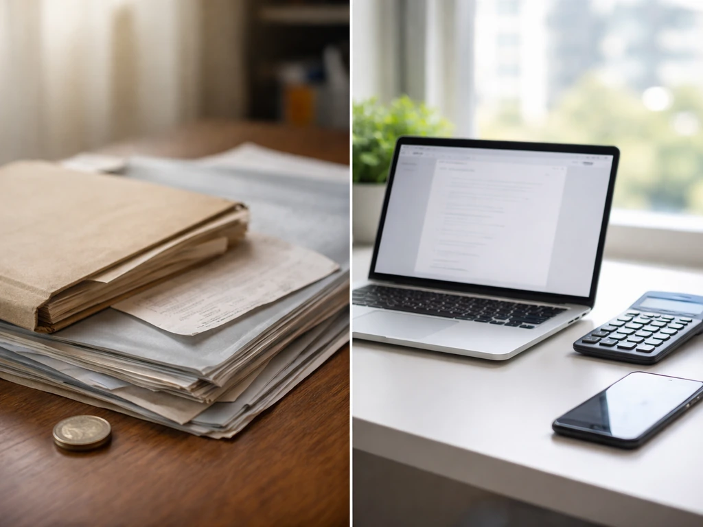 Split-screen style photo of a messy desk with old documents and a modern laptop, suggesting mismatched net worth sources