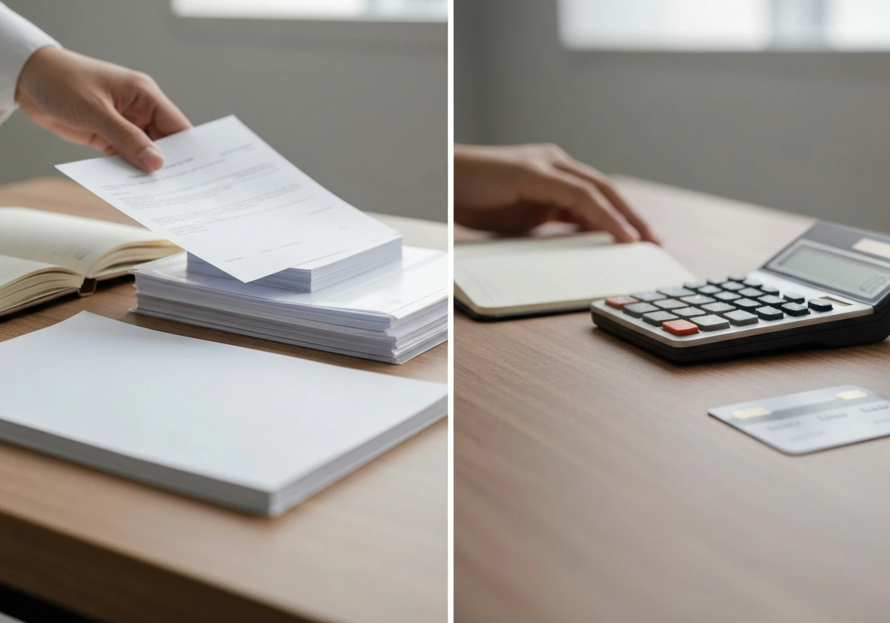 Minimal desk split-scene with receipts and calculator symbolizing verifying net worth estimates.