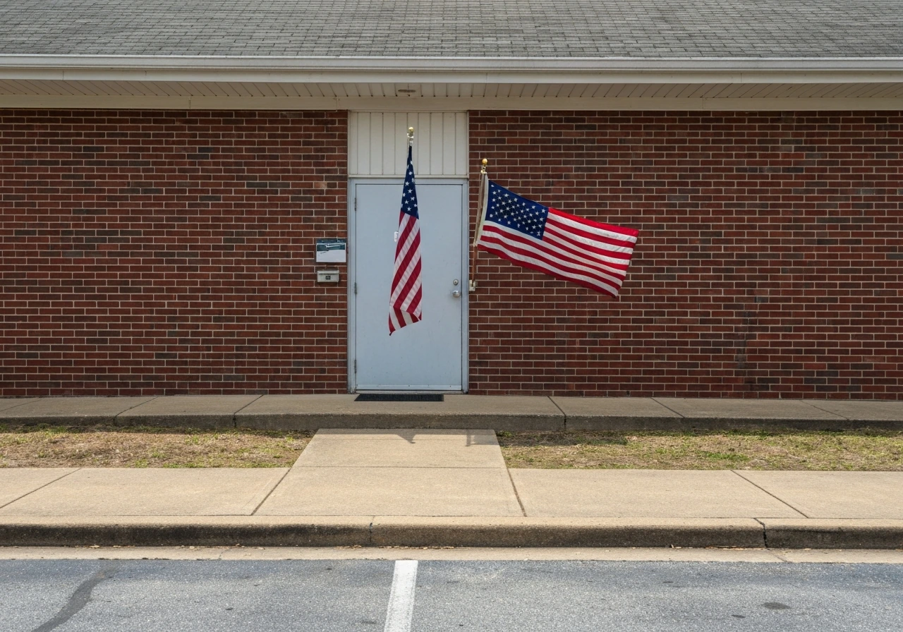 Minimal photo of a North Carolina municipal public works building entrance with utility vehicles parked nearby.