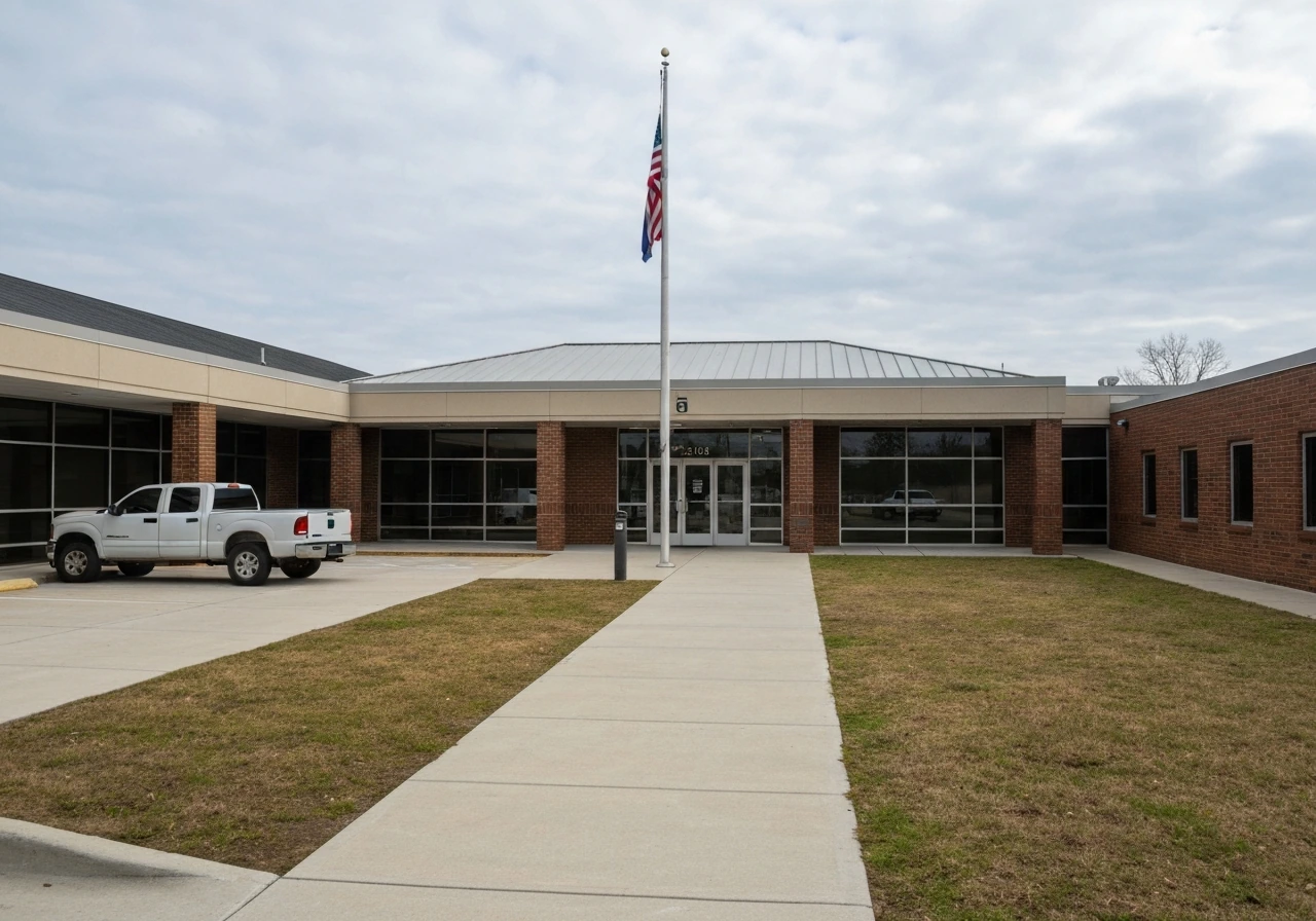 Quiet exterior of a municipal public works building with a flagpole and parked vehicle in front