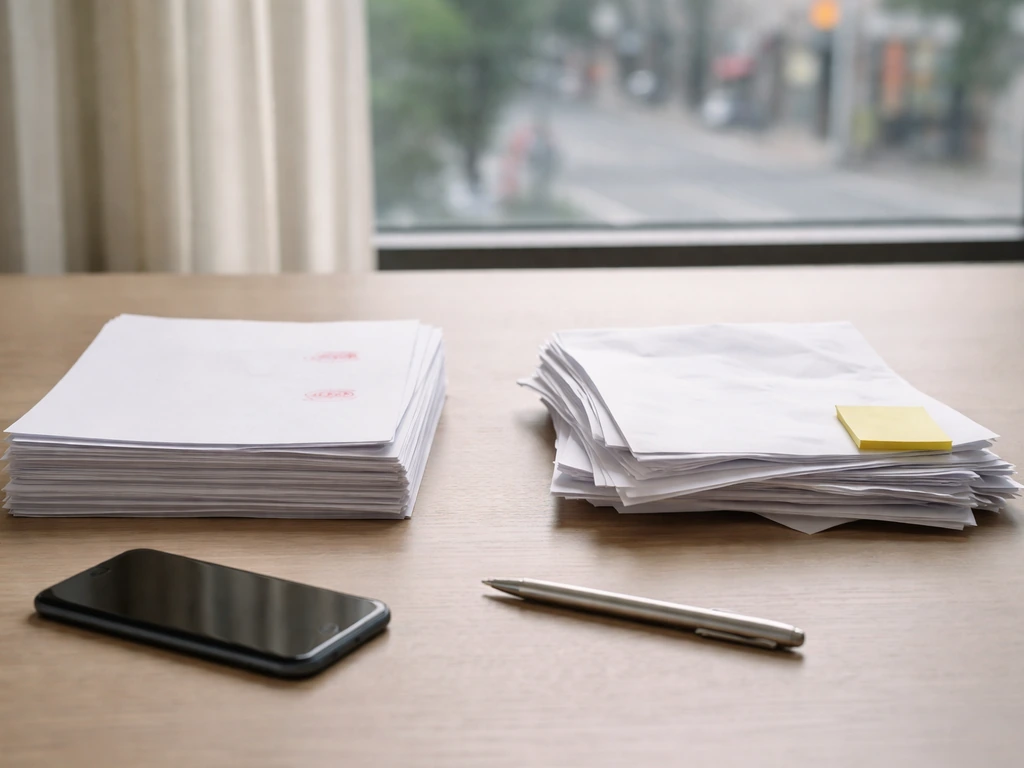 Minimal desk scene with a smartphone and envelope, symbolizing documented versus estimated sources.