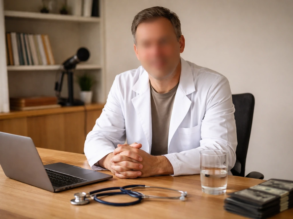 Anonymous doctor in a home office with stethoscope and media setup, with subtle cash elements for net-worth theme.