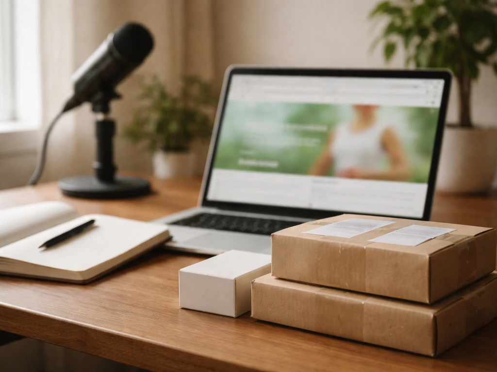Minimal home office scene: laptop with blurred webpage, product box, and parcel symbolizing media-driven sales.