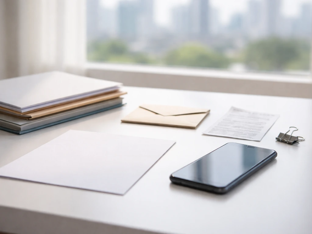 Minimal desk scene with documents and a smartphone showing abstract financial signal cues without any readable text.
