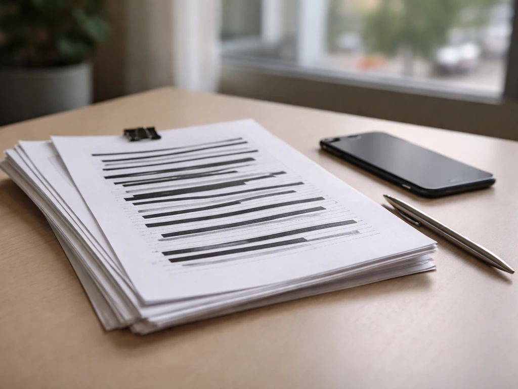 Close-up of redacted legal documents and a pen on a desk, with an office window in soft focus.