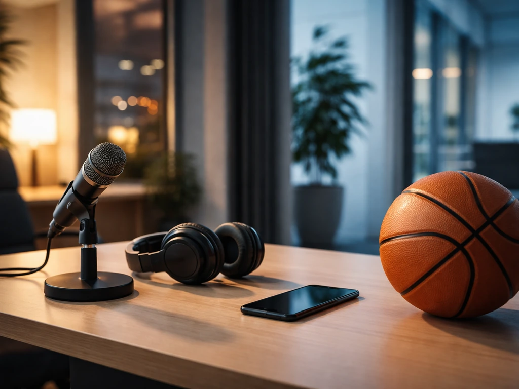 Minimal photo showing NBA-style sports agency clues: microphone, headset, and a business desk with a league ball.