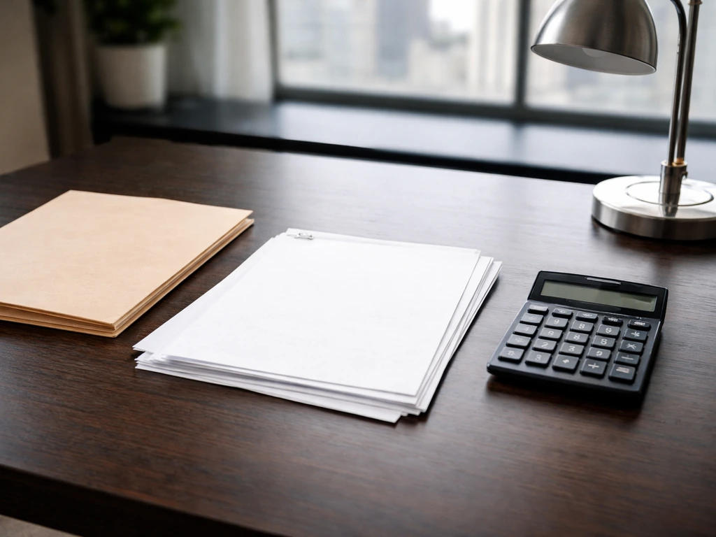 Minimal desk scene with a folder and calculator, symbolizing net worth calculation from assets minus liabilities.