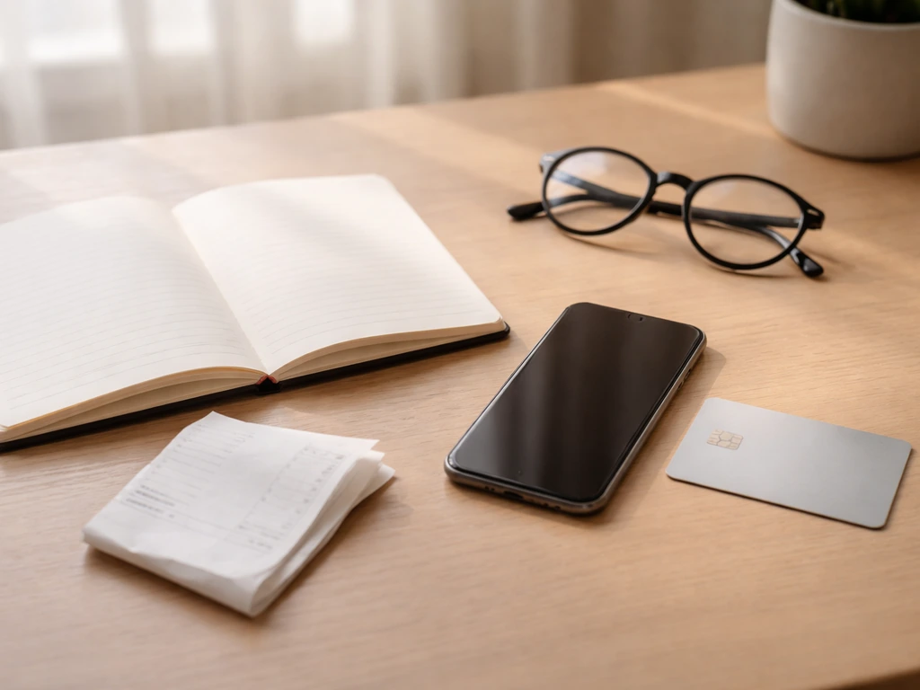 Minimal photo of a notebook, smartphone, and credit card on a desk symbolizing net worth verification
