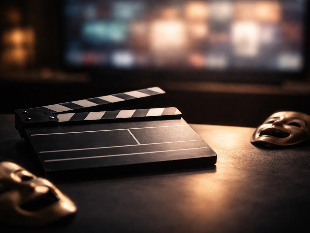 Minimal studio scene with film clapboard, TV glow, and theater masks suggesting entertainment earnings.