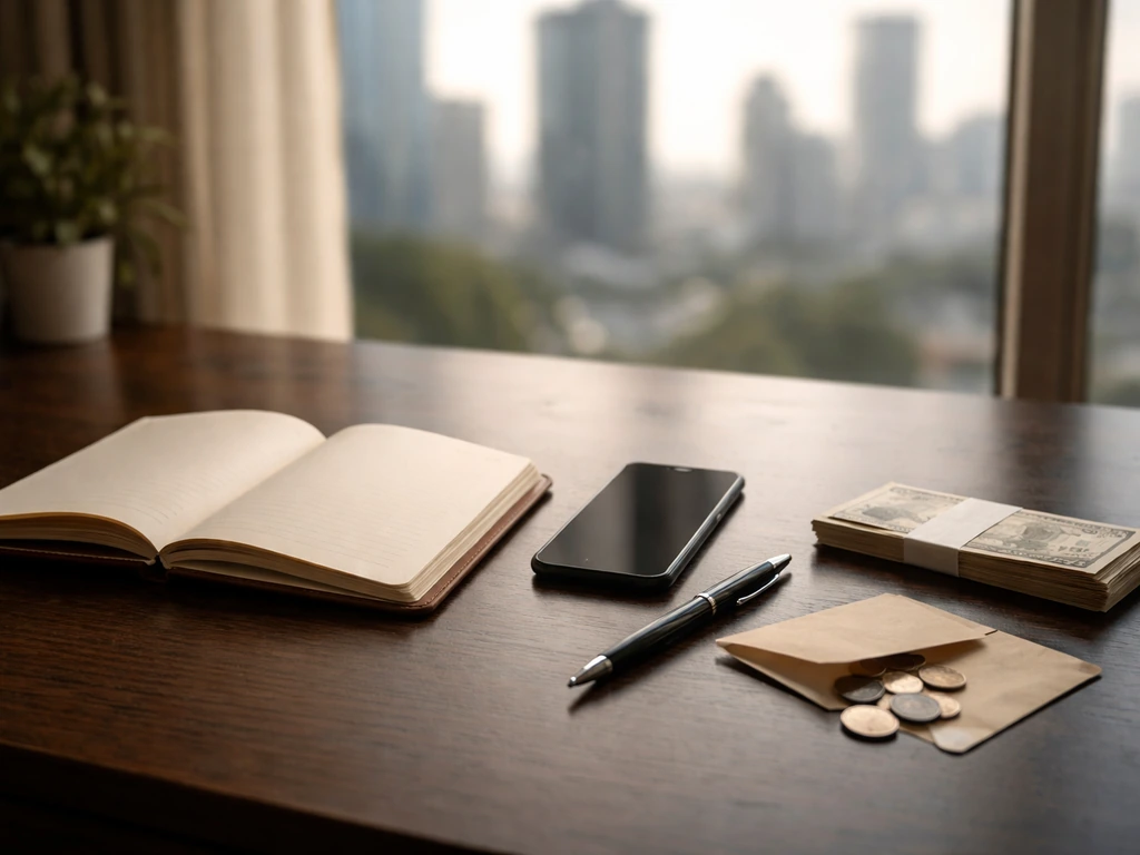 Minimal office desk scene with coins and blank notebook suggesting a net worth estimate snapshot.