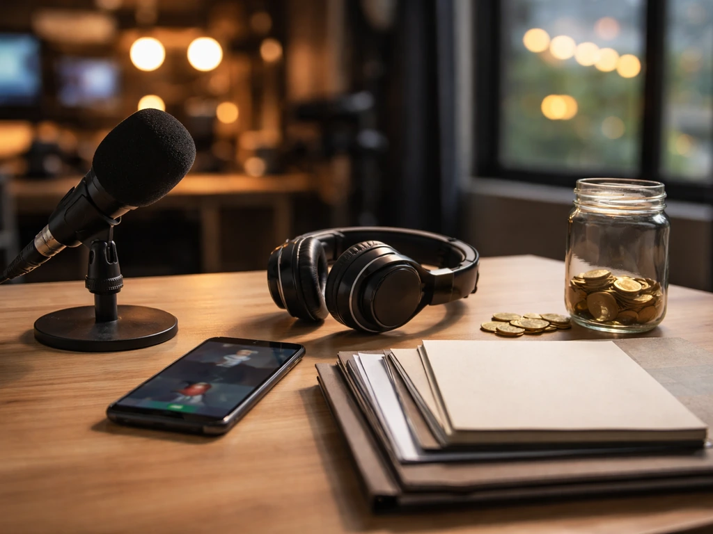 Production desk with microphone and scripts, plus coins in a glass jar symbolizing media income sources.