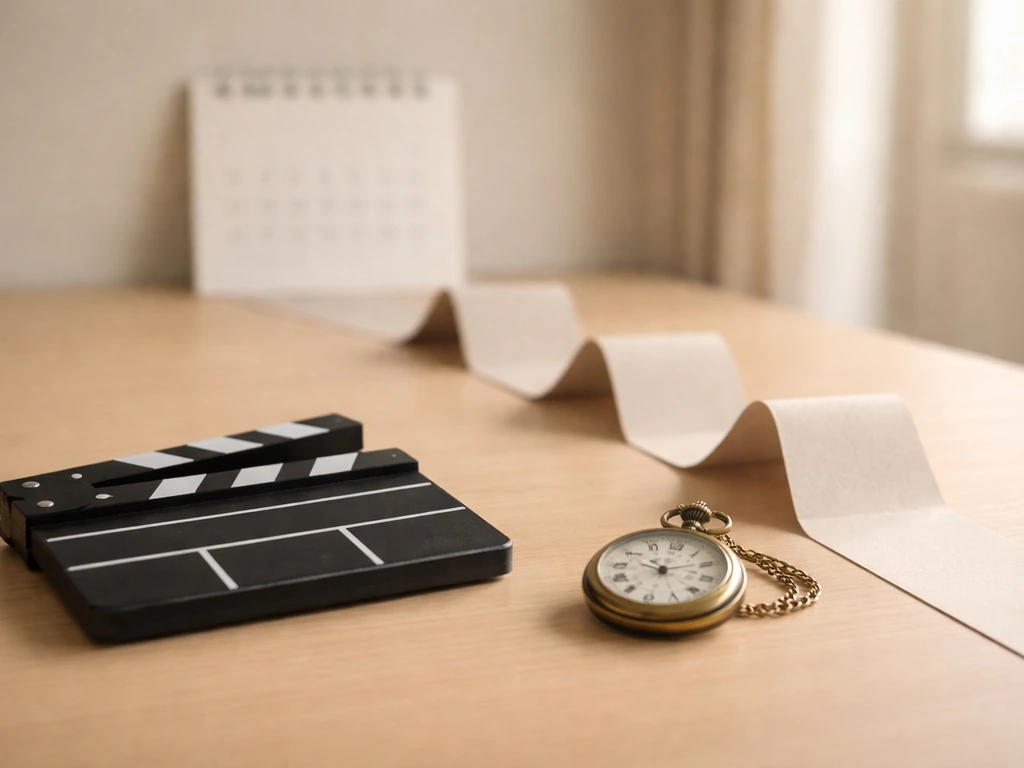 Minimal film-studio desk still life with clapperboard and milestone folds symbolizing long steady employment.